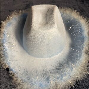 Stylish Light Blue Cowboy Hat with Feather Trim
